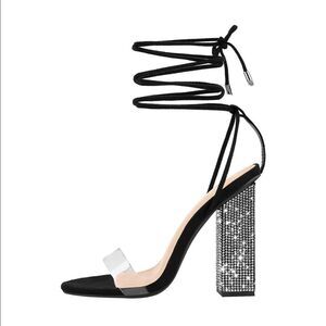 Rhinestone Chunky Heel Sandals Lace Up